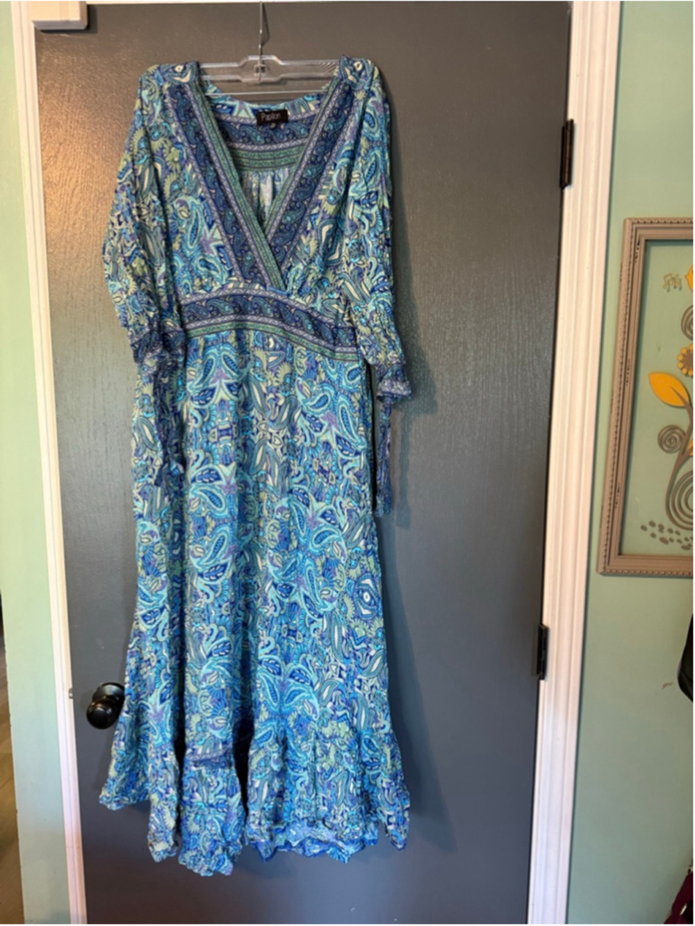 Women's Papillon Blue Green Paisley Maxi Dress XL